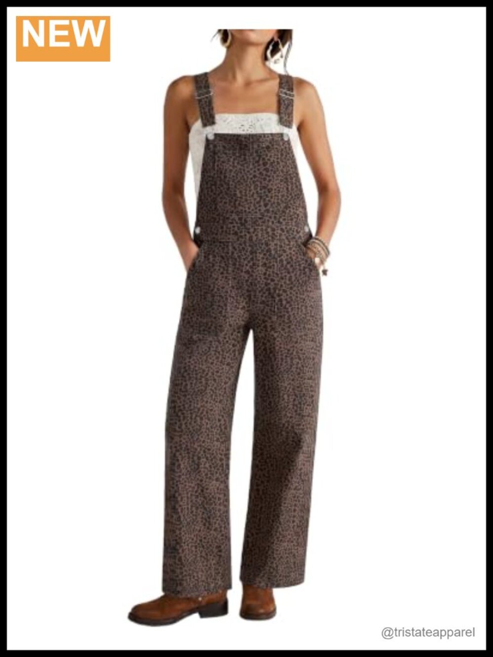 Leopard Print Wide Leg Denim Overalls Adjustable Straps Loose Fit Jumpsuit